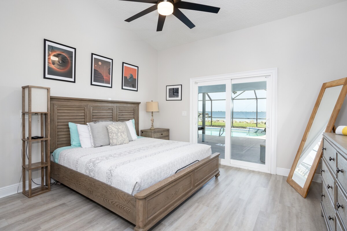 Waterfront master bedroom with adjustable king bed
